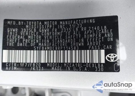 2024 Toyota Corolla Le from USA, damaged, VIN 5YFB4MDE8RP114583